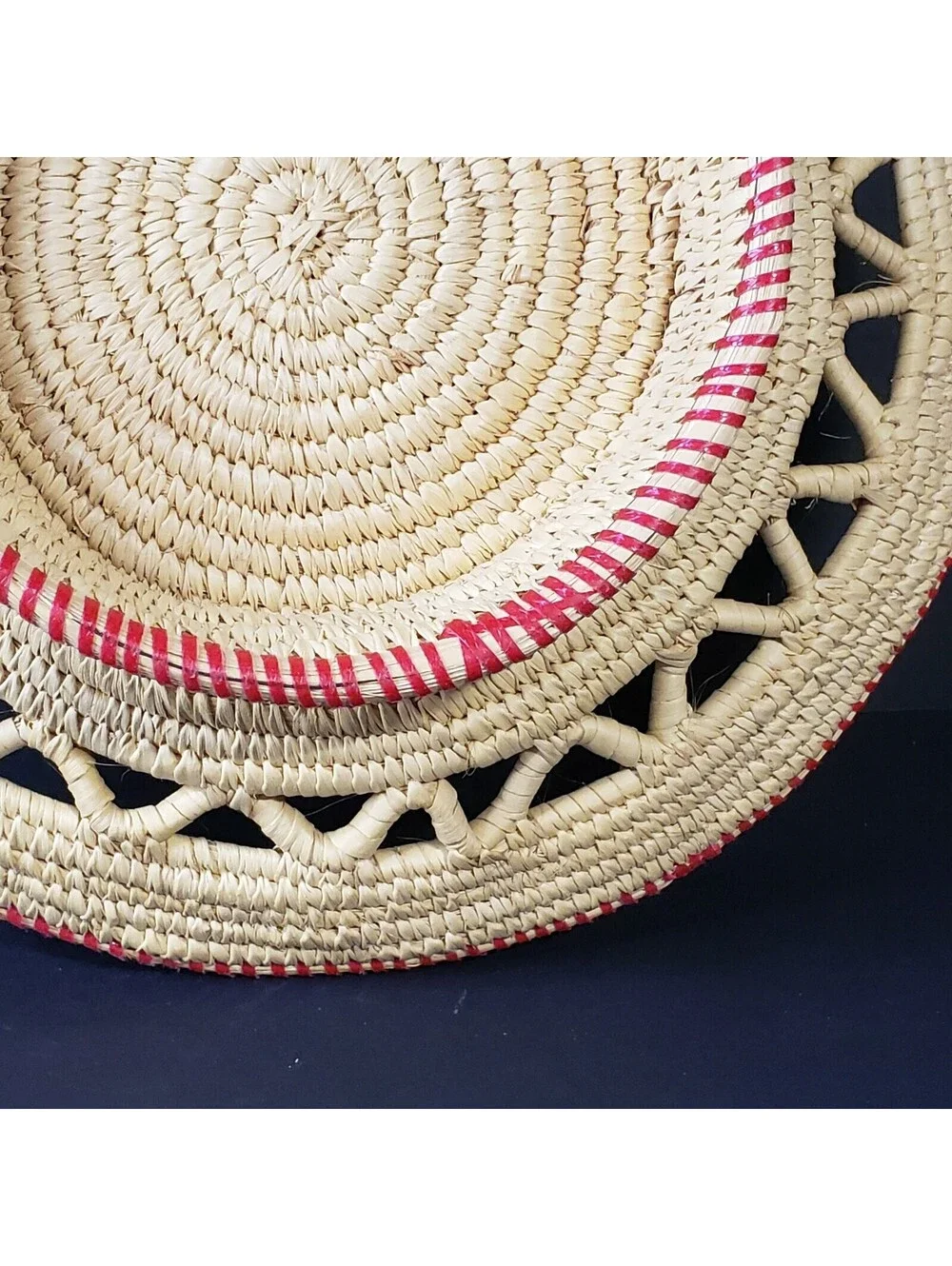 Hand Coiled Pedestal Basket Red Trim Round 11.5
